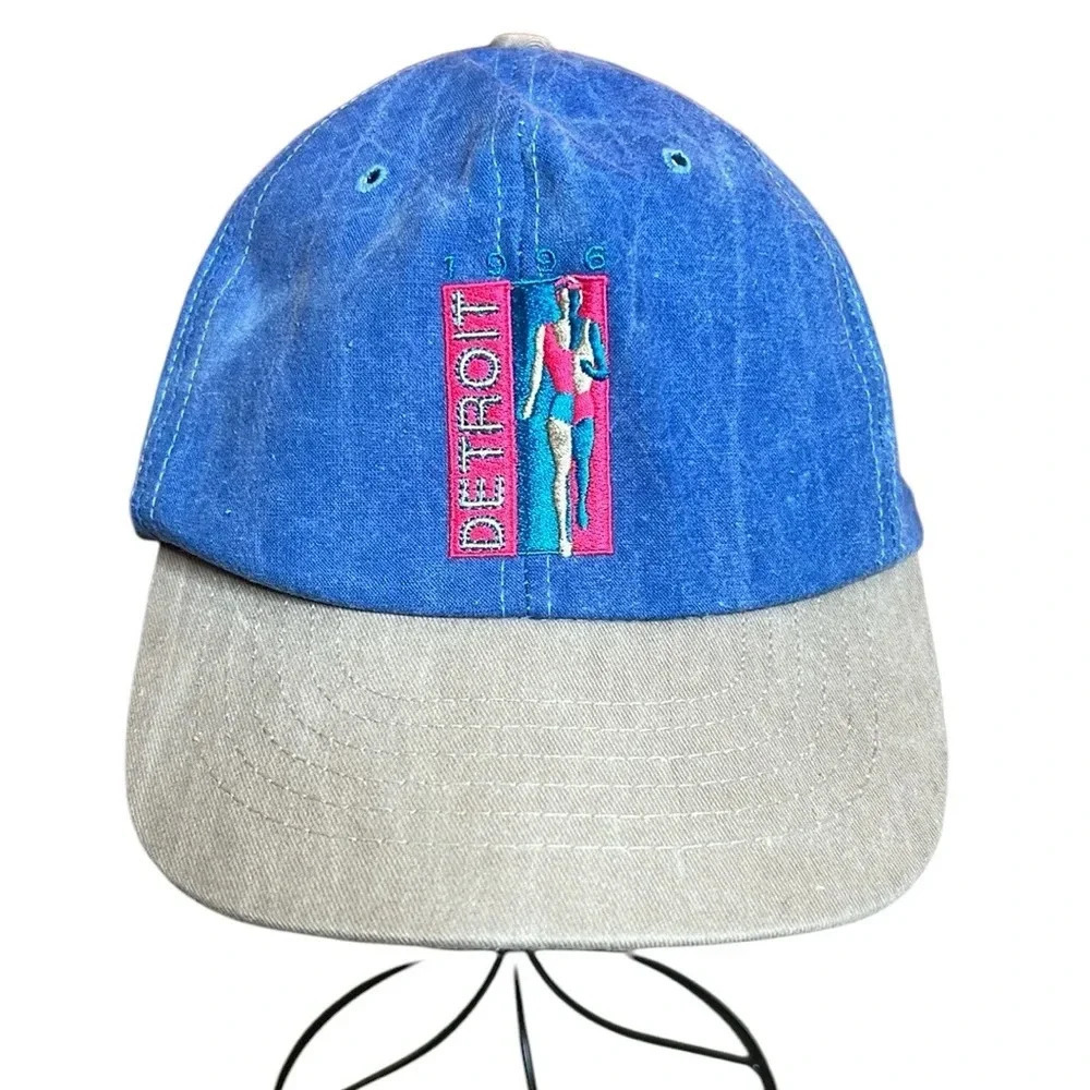 Vintage 90s Detroit Marathon Ford Snapback Hat Blue Denim Embroidered Cap USA